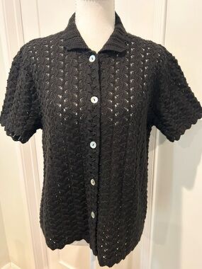 Black Short-Sleeve Knit Button-Up Cardigan
